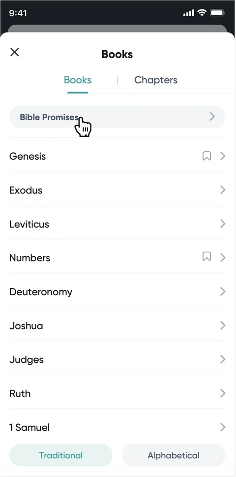 Yeshua App Bible books list with bookmarked books