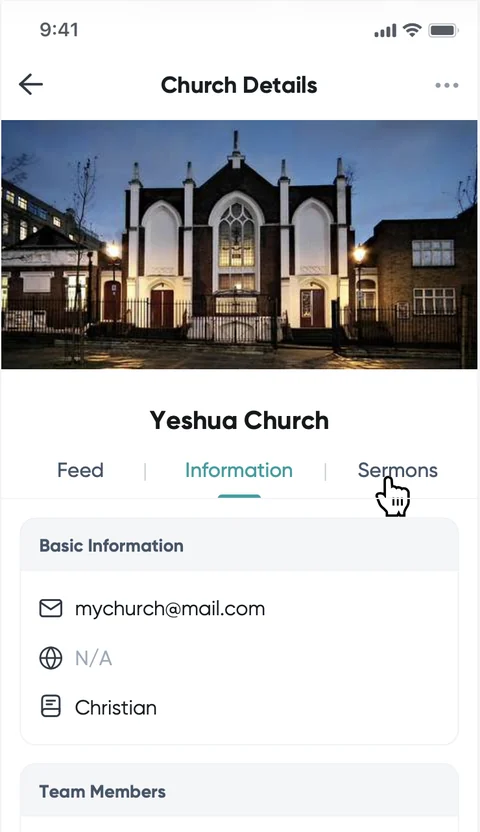 Yeshua App church details page for Yeshua Church with basic information and team members