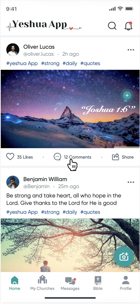 Yeshua App home feed with posts, hashtags and a shared verse image