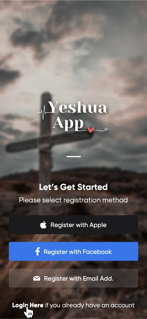 Yeshua App registration screen offering Apple, Facebook and email sign-up