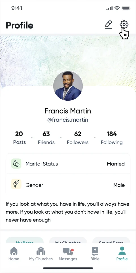 Yeshua App user profile with post, friend, follower and following counts