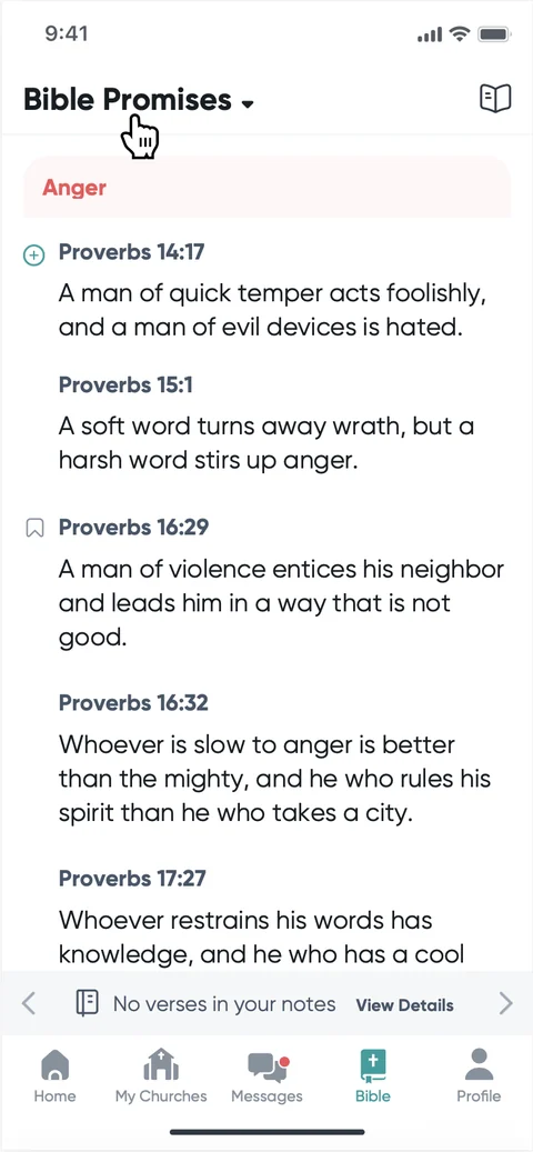 Yeshua App Bible Promises showing verses grouped under the topic Anger