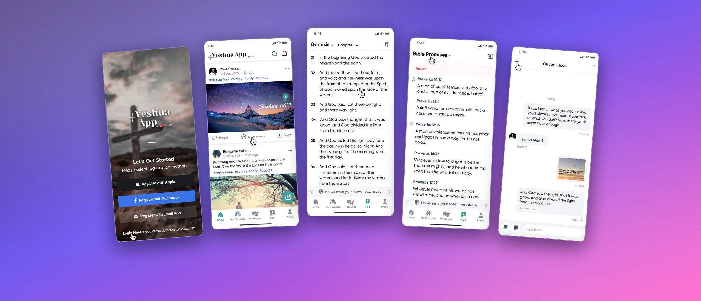 Yeshua App — onboarding, home feed, Bible reader, Bible Promises and chat shown on five phones