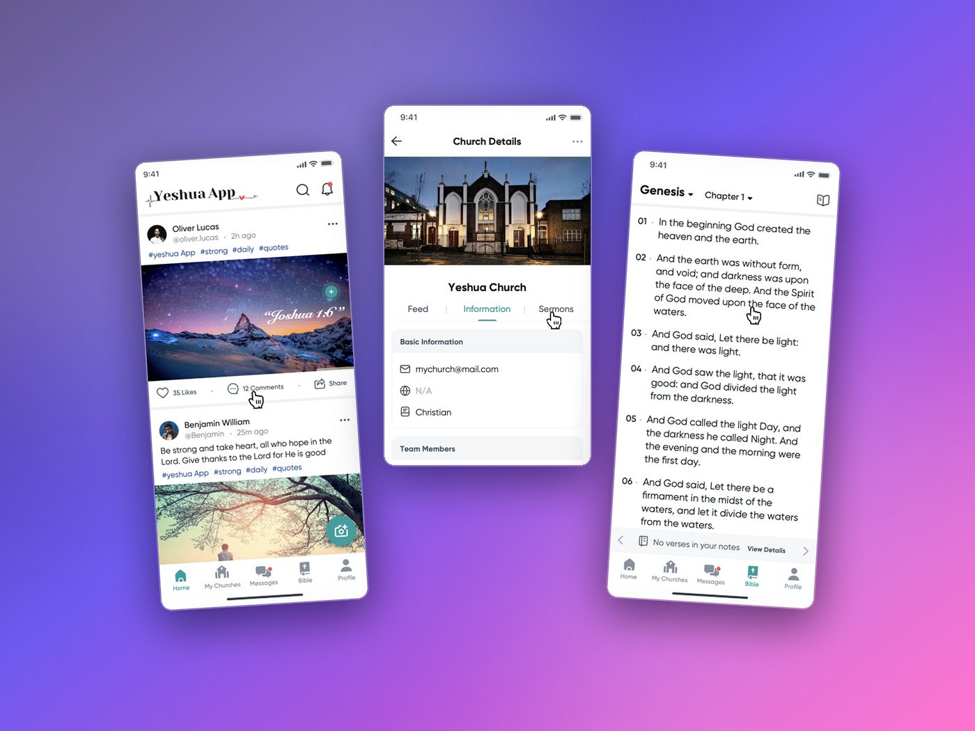 Yeshua App — home feed, church page and Bible reader shown on three phones